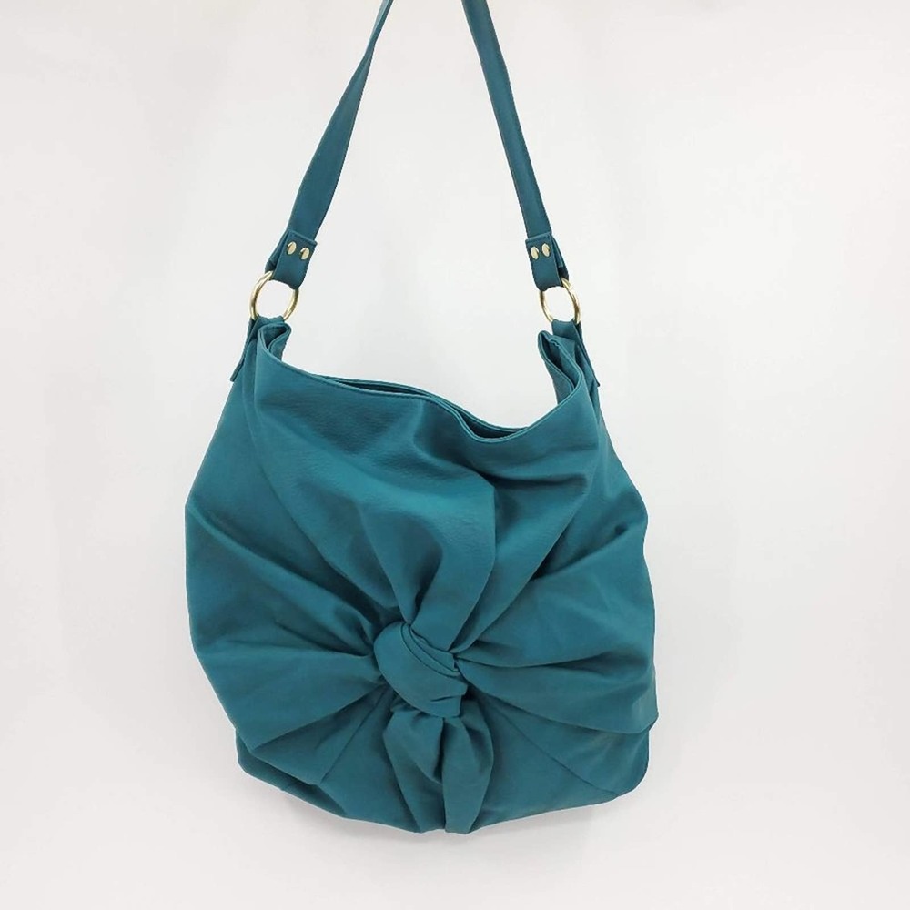 Giannini Teal Chunky Knot Bow Faux Leather Slouchy Satchel Bag